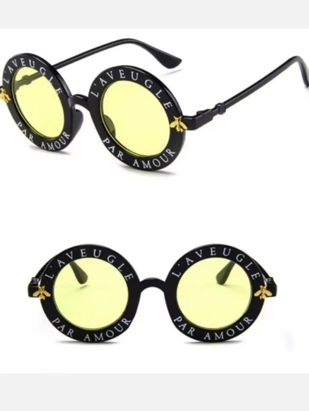 Black Round Sunglasses With Vintage Gold Bee Frames Yellow Granite Lens Kids